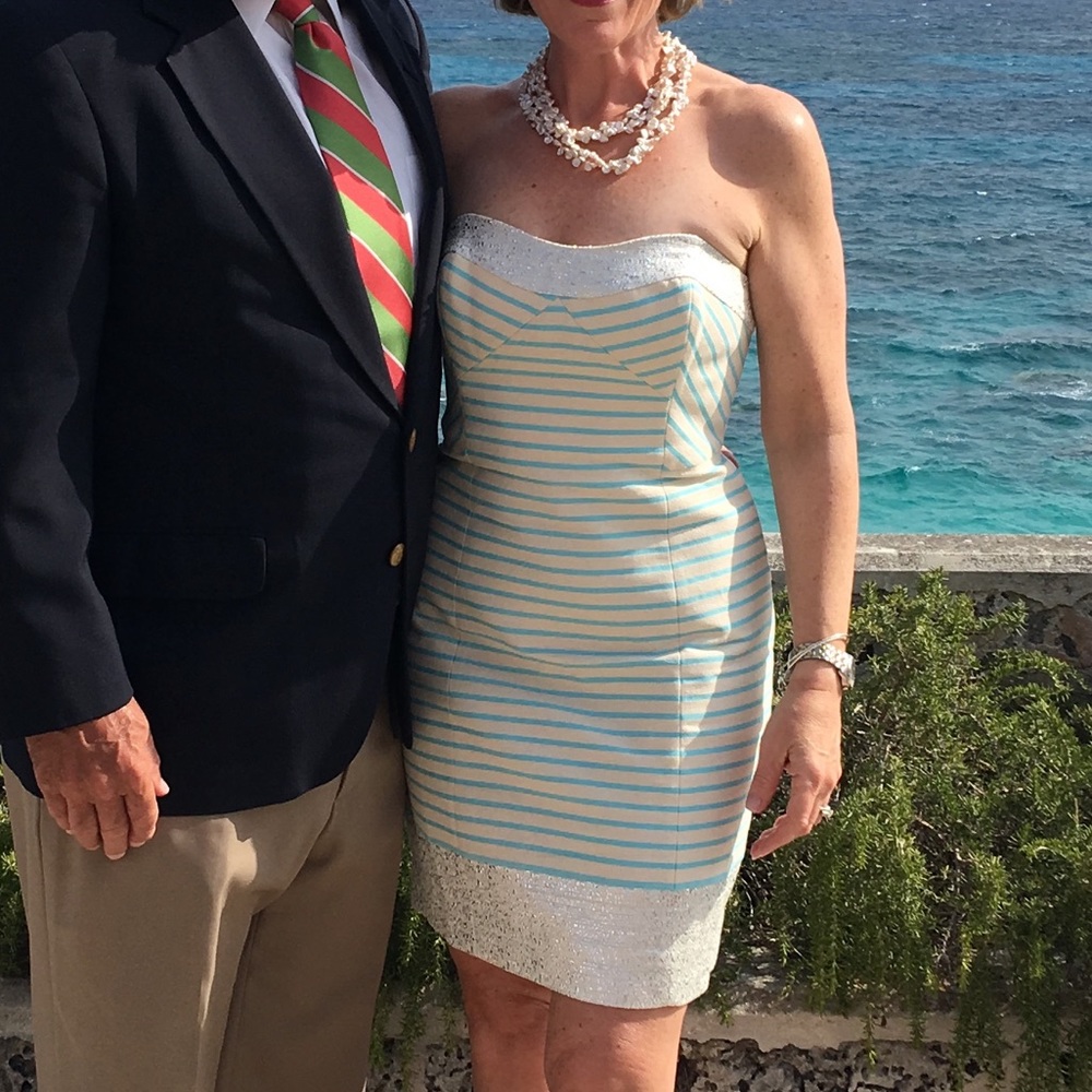 Lilly Pulitzer Strapless Blue and Cream Striped Cocktail Dress